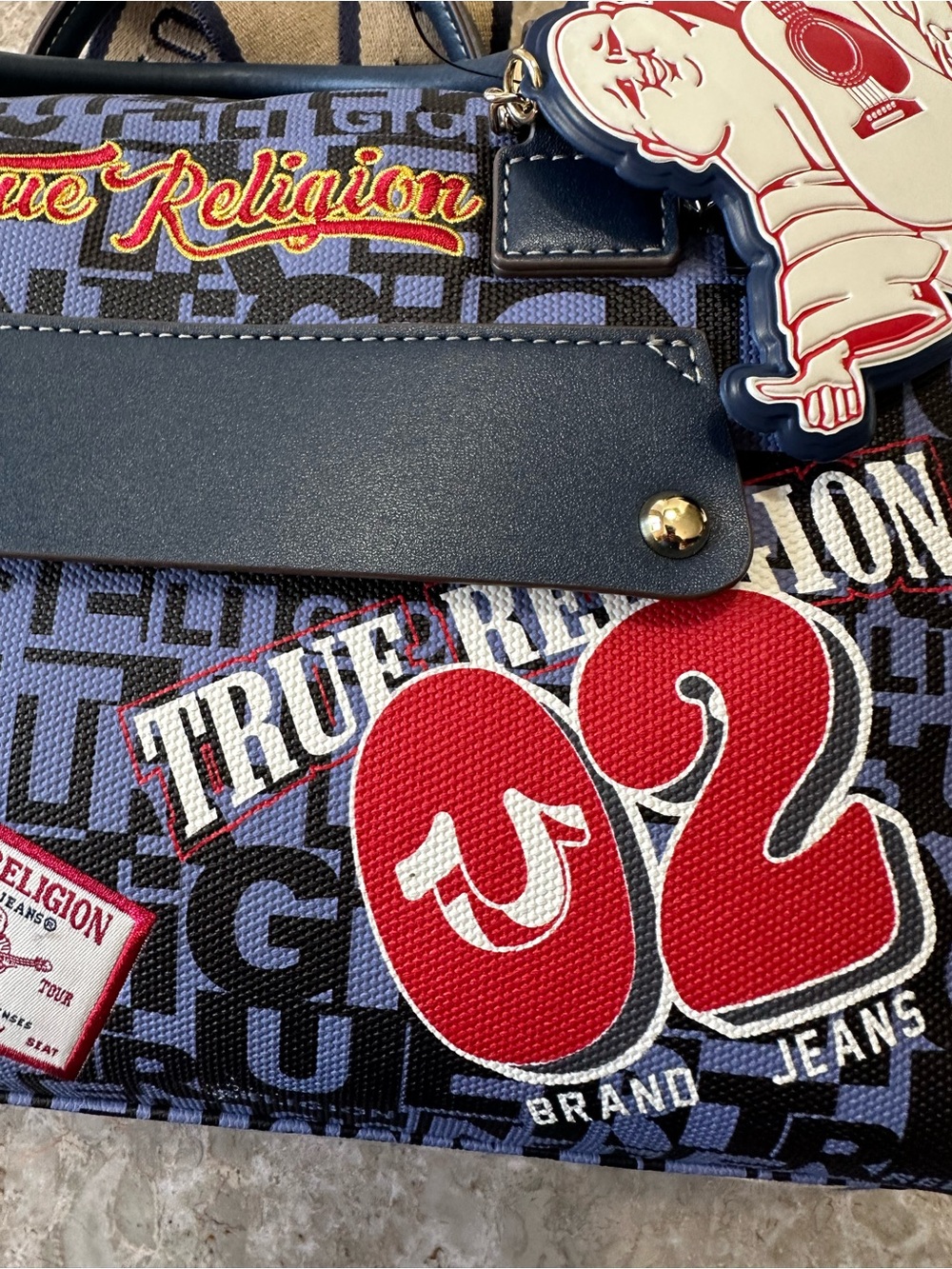 True Religion Multi Patch Satchel Bag Navy Denim Crossbody Monogram Y2K NWT - Picture 11 of 14